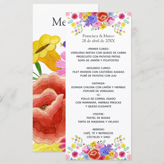 Menu Mariage de fête espagnole florale à l'aquarelle (Devant / Derrière)