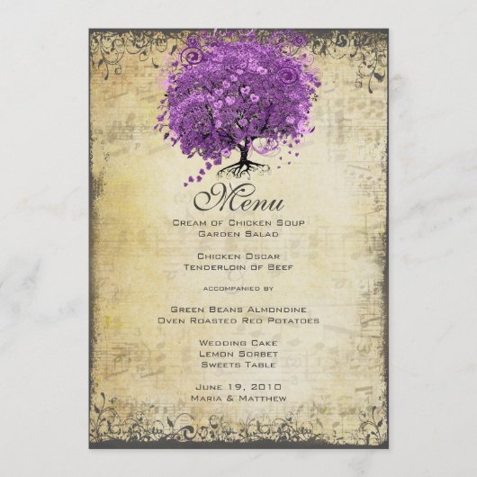 Menu Mariage de feuille d'arbre de coeur violet radiant (Devant)