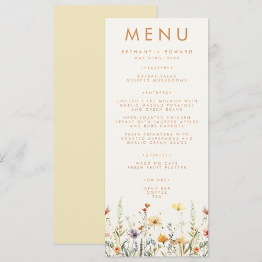 Menu Mariage de Fleur Sauvage Rustique (Devant / Derrière)