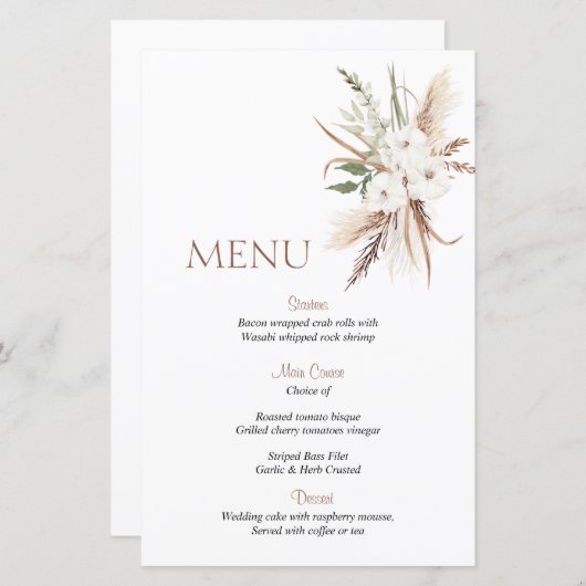 Menu mariage de fleurs beige Boho (Devant / Derrière)