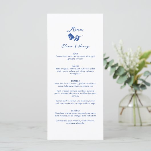 Menu Mariage de fleurs blanches à main bleue (Debout devant)