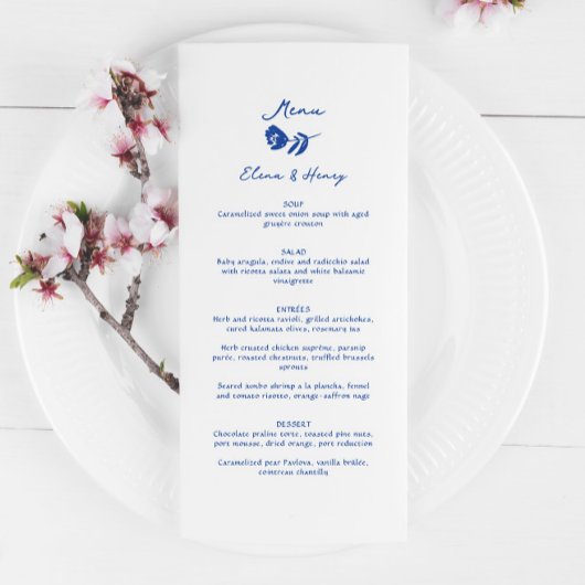 Menu Mariage de fleurs blanches à main bleue
