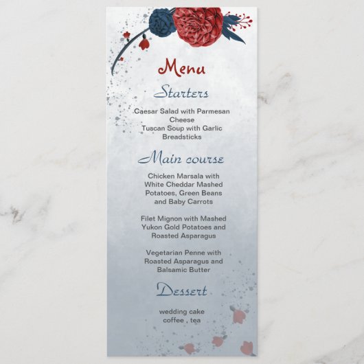 Menu mariage de fleurs marine et bordeaux (Devant)