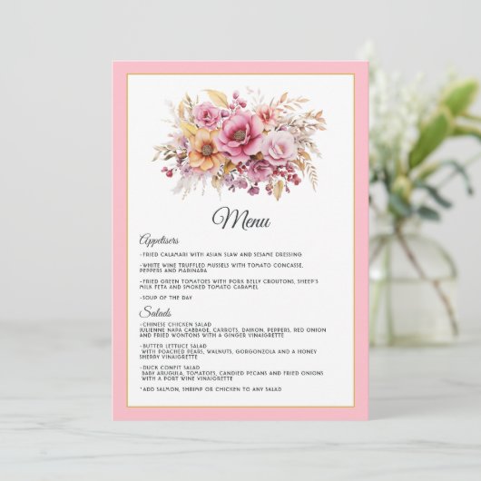 Menu Mariage de fleurs rose et or (Debout devant)