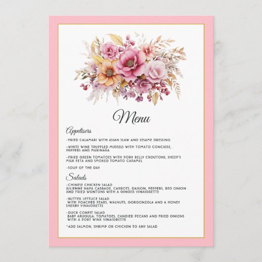 Menu Mariage de fleurs rose et or (Devant)