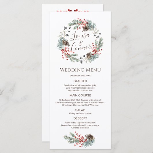 Menu Mariage de flocon de neige Berry Pine de Noël (Devant / Derrière)
