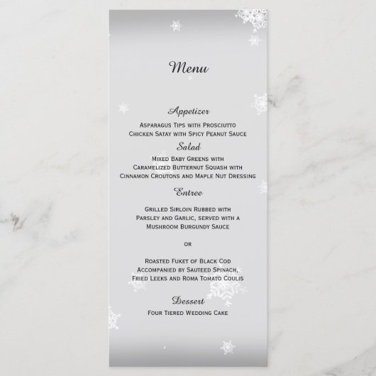 Menu Mariage de flocons de neige blanc et argenté (Devant)