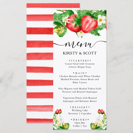 Menu Mariage de fraises et fleurs blanches (Devant / Derrière)