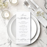 Menu Mariage de frontière gris-classique floral<br><div class="desc">Elégante carte de mariage à la bordure grise avec une crête florale et des monogrammes à l'arrière. Pour une personnalisation plus avancée de cette conception,  cliquez sur le BOUTON DESIGN TOOL ci-dessus !</div>