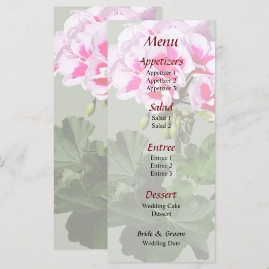 Menu Mariage de géranium rouge et rose (Devant / Derrière)