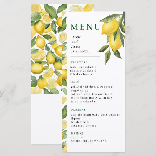 Menu Mariage de jardin de citron aquarelle (Devant / Derrière)