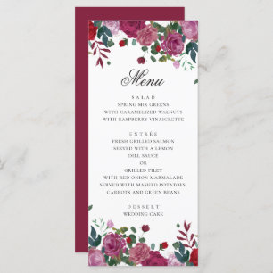 Menu Mariage de jardin fleuri violet bordeaux. Plum ros