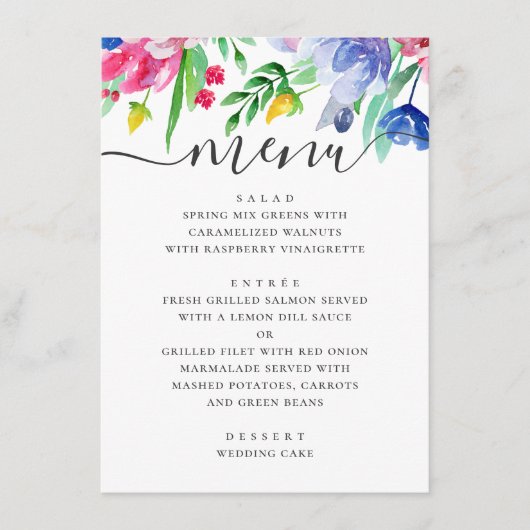Menu Mariage de jardin floral rose et bleu à l'aquarell (Devant)