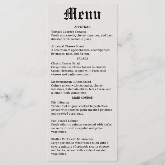 Menu Mariage de journal nostalgique (Devant)