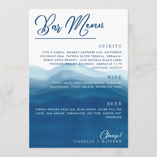 Menu Mariage de la barre d'onde bleu aquarelle (Devant)