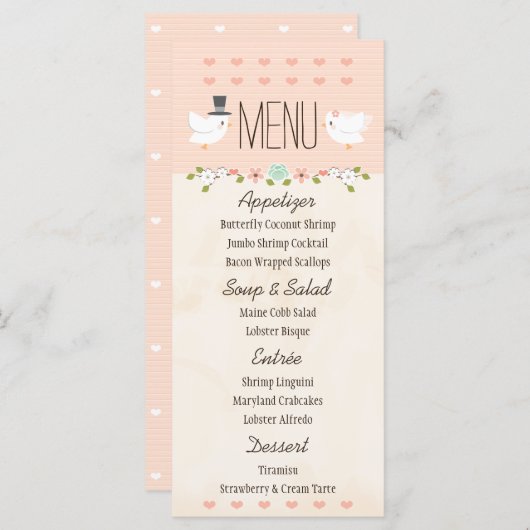 Menu Mariage de la colombe Inséparables (Devant / Derrière)