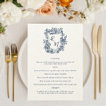 Menu Mariage de la crête de Monogramme bleu marine<br><div class="desc">Apportez une touche amusante et charmante à votre réception avec cette carte de menu Mariage de Monogram Crest Floral Purple tiré à la main. Doté d'une crête florale et d'un monogramme décontractés et fantaisistes, dans une teinte bleu marine, cette carte de menu est parfaite pour un mariage de jardin décontracté,...</div>