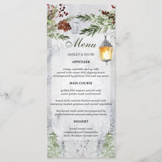 Menu Mariage de la lanterne de pin rustique d'hiver (Devant)