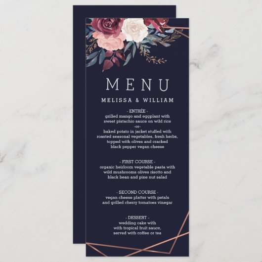 Menu Mariage de la marine florale de Bourgogne moderne (Devant / Derrière)