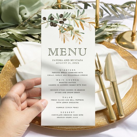 Menu Mariage de la succursale d'or Feuille d'Olive