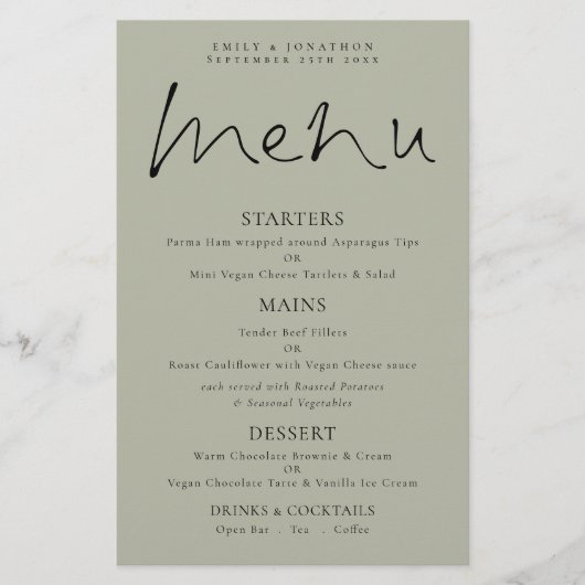 Menu Mariage de la taille douce du script élégant  (Devant)