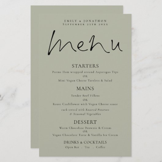 Menu Mariage de la taille douce du script élégant  (Devant / Derrière)
