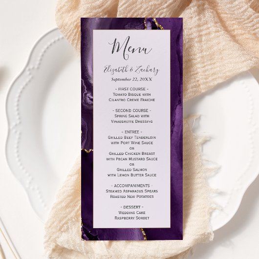 Menu Mariage de lavande d'agate d'or violet moderne
