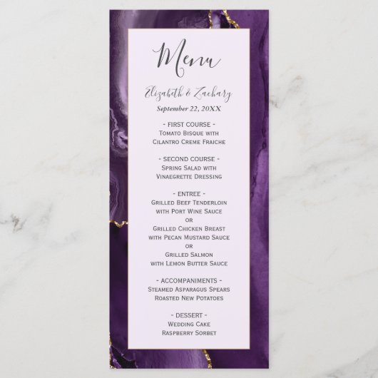 Menu Mariage de lavande d'agate d'or violet moderne (Devant)