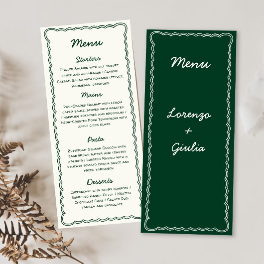 Menu Mariage de l'écriture manuscrite rétro-verte