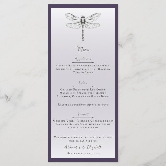 Menu Mariage de libellules violettes foncées (Devant)