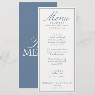 Menu Mariage de luxe bleu et blanc à l'ancienne