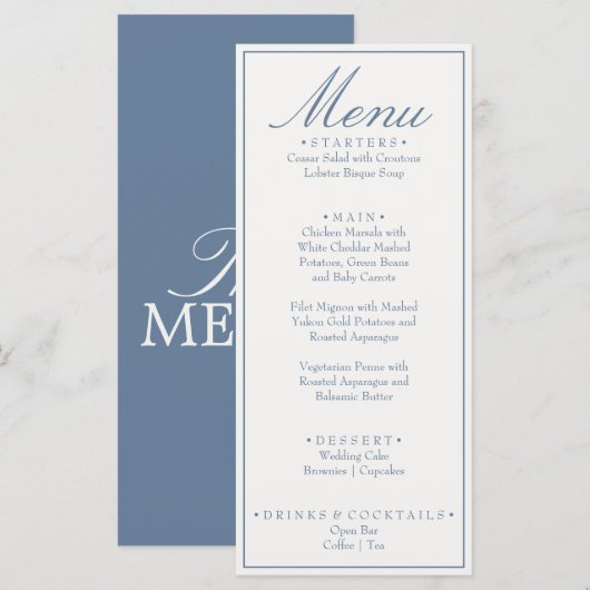 Menu Mariage de luxe bleu et blanc à l'ancienne (Devant / Derrière)
