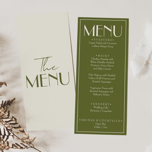 Menu Mariage de luxe rétro vert olive chic et élégant