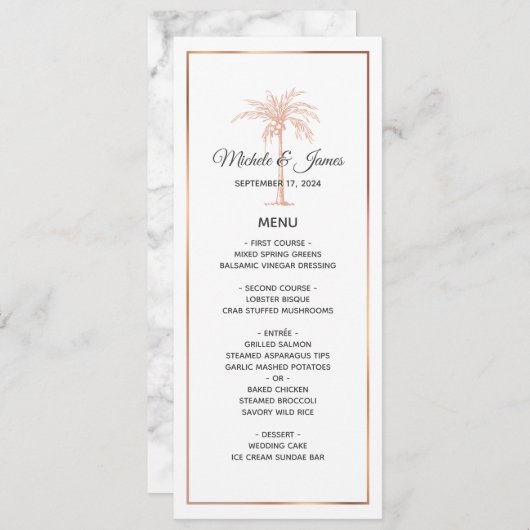 Menu Mariage de Marbre blanc rose Gold Copper Palm Tree (Devant / Derrière)