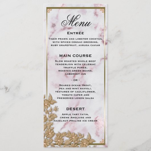 Menu Mariage de marbre rose et perles d'or (Devant)