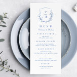 Menu Mariage de monogramme bleu simple de crête botaniq<br><div class="desc">Initiales monogrammes encadrées par d'élégantes crêtes et des feuilles botaniques illustrés à la main, détails du menu en écriture élégante et police classique, simple et luxueux. Grand menu bleu et blanc pour mariage classique moderne, mariage classique simple, élégant mariage de jardin botanique. Voir toutes les pièces correspondantes dans la collection....</div>