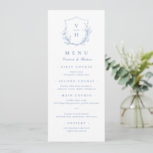 Menu Mariage de monogramme bleu simple de crête botaniq (Debout devant)