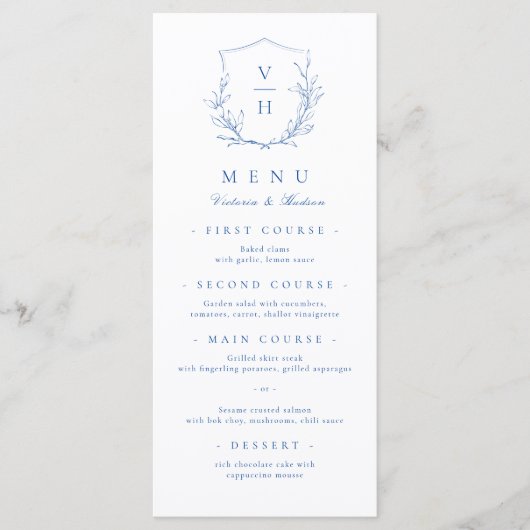Menu Mariage de monogramme bleu simple de crête botaniq (Devant)