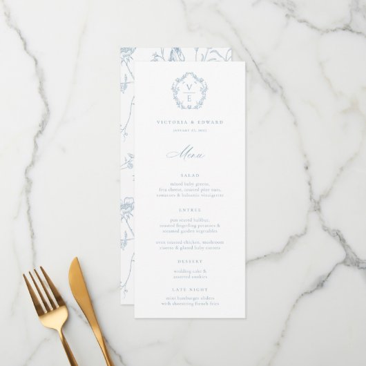 Menu Mariage de Monogramme de crête bleu foncé (Devant/Arrière en situation)
