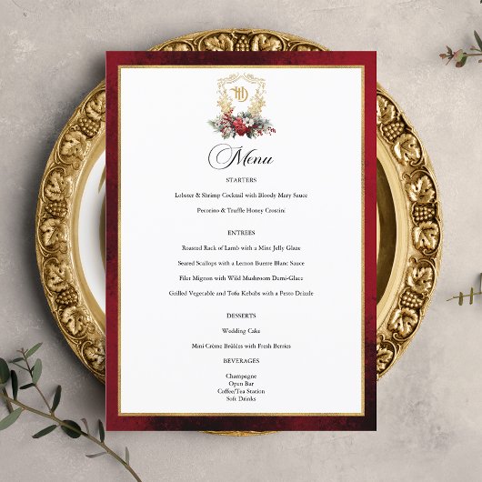 Menu Mariage de monogramme de crête florale de Noël cla