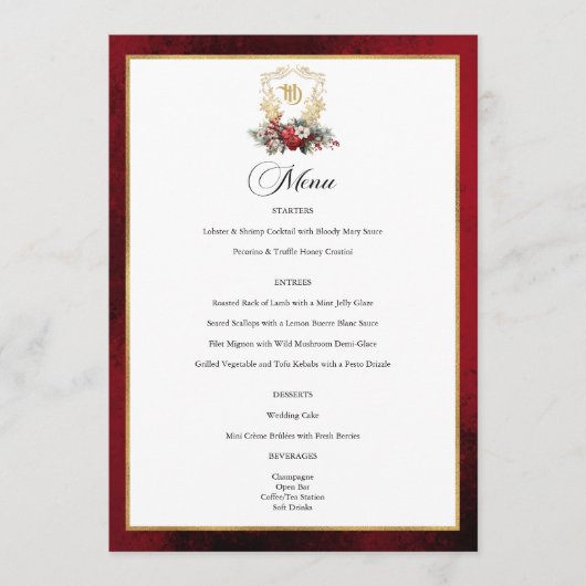 Menu Mariage de monogramme de crête florale de Noël cla (Devant)