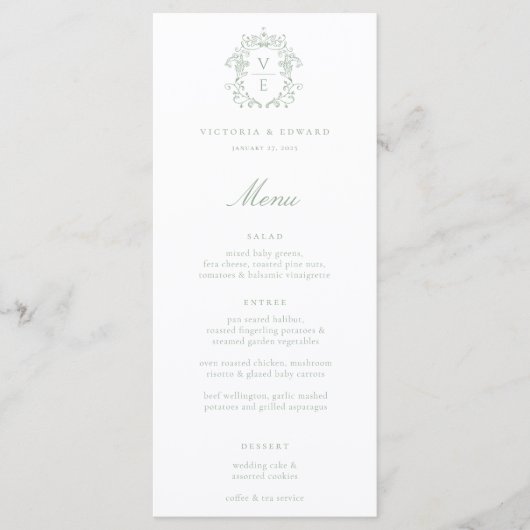 Menu Mariage de monogramme de crête verte Sage (Devant)