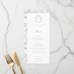 Menu Mariage de monogramme de crête verte Sage<br><div class="desc">Vintage Sage Green Crest monogramme,  menu mariage. Crête de style baroque d'inspiration vintage avec coordination de la typographie de la sauge. Caractéristiques,  élégant style Chinoiserie Style jardin à motifs floraux.</div>