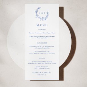 Menu Mariage de monogramme de fleurs bleues