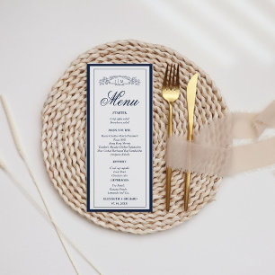 Menu Mariage de monogramme de la crête botanique bleue 
