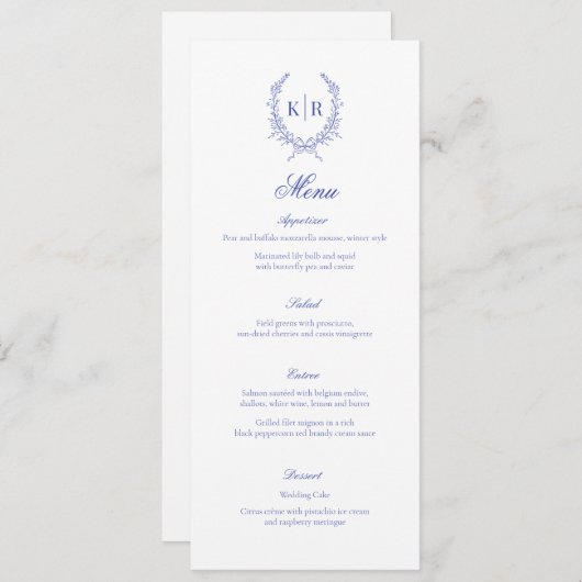 Menu Mariage de monogramme de poignets bleu et ruban (Devant / Derrière)