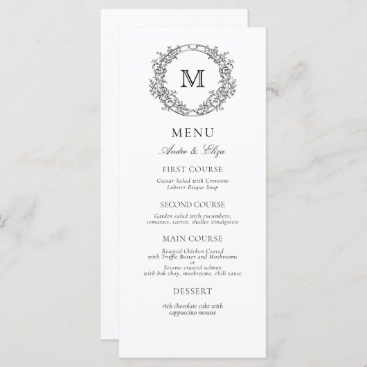 Menu Mariage de monogramme de poitrine noire et blanche (Devant / Derrière)