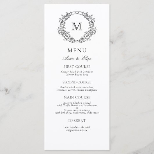 Menu Mariage de monogramme de poitrine noire et blanche (Devant)