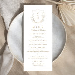 Menu Mariage de monogramme d'écusson botanique simple e<br><div class="desc">Initiales monogrammes encadrées par d'élégantes crêtes et des feuilles botaniques illustrés à la main, détails du menu en écriture élégante et police classique, simple et luxueux. Grand menu en faux or et blanc pour mariage classique moderne, mariage classique simple, élégant mariage de jardin botanique. Voir toutes les pièces correspondantes dans...</div>