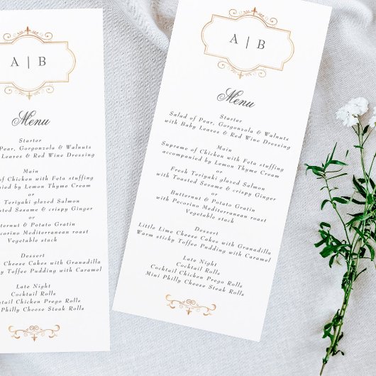 Menu mariage de monogramme d'or traditionnel romantique